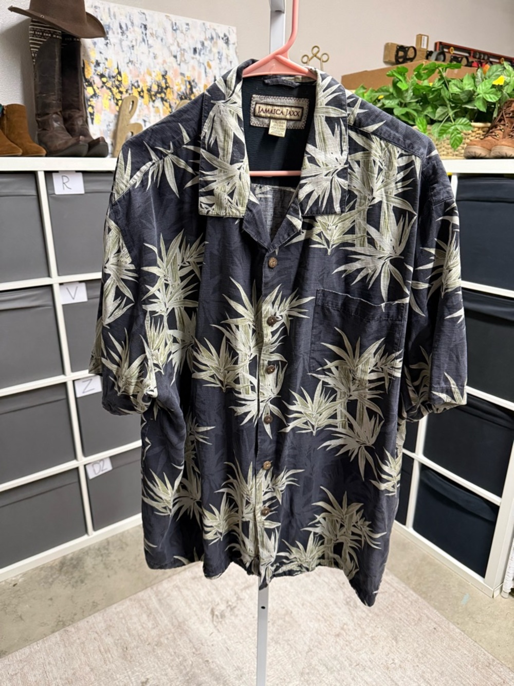 Jamaica Jaxx Vintage Gray Silk Tropical Palm Tree Print Men's Hawaiian Shirt